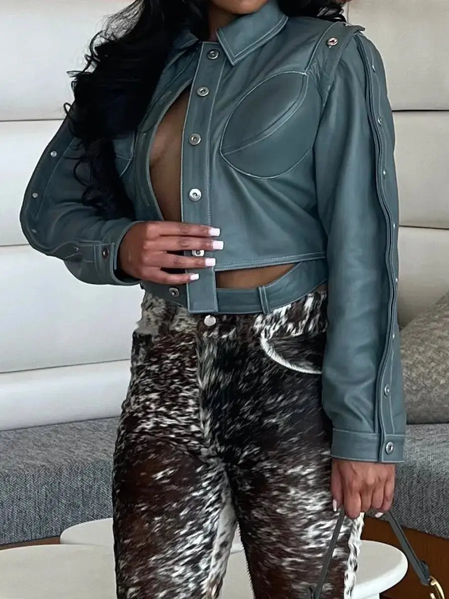 Detachable Belt Buttons PU Jacket - laseze