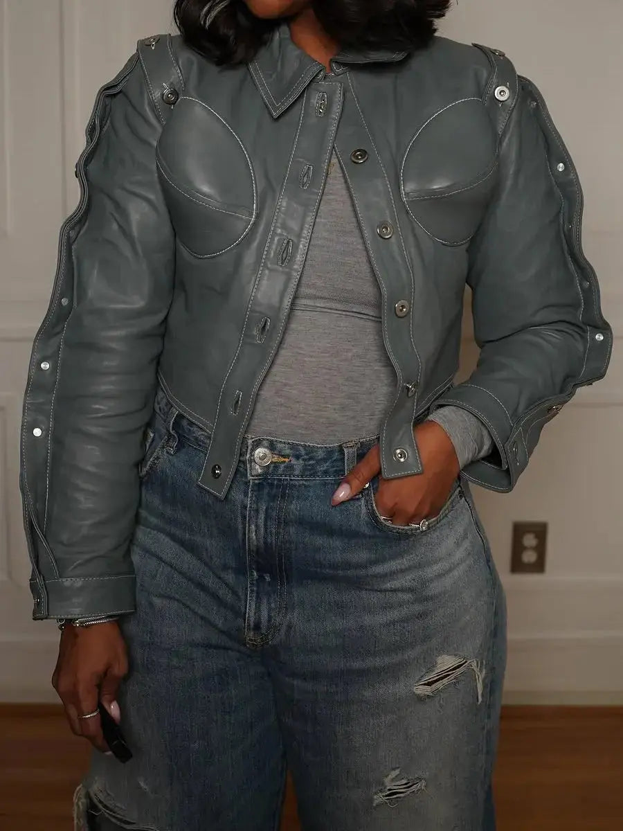 Detachable Belt Buttons PU Jacket - laseze