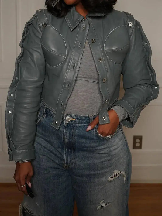 Detachable Belt Buttons PU Jacket - laseze