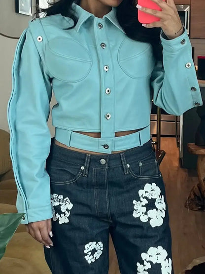 Detachable Belt Buttons PU Jacket - laseze