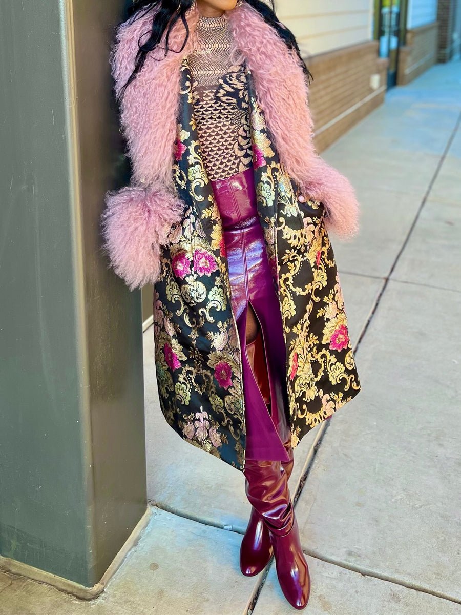 Detachable Faux Fur Patchwork Floral Print Coat laseze