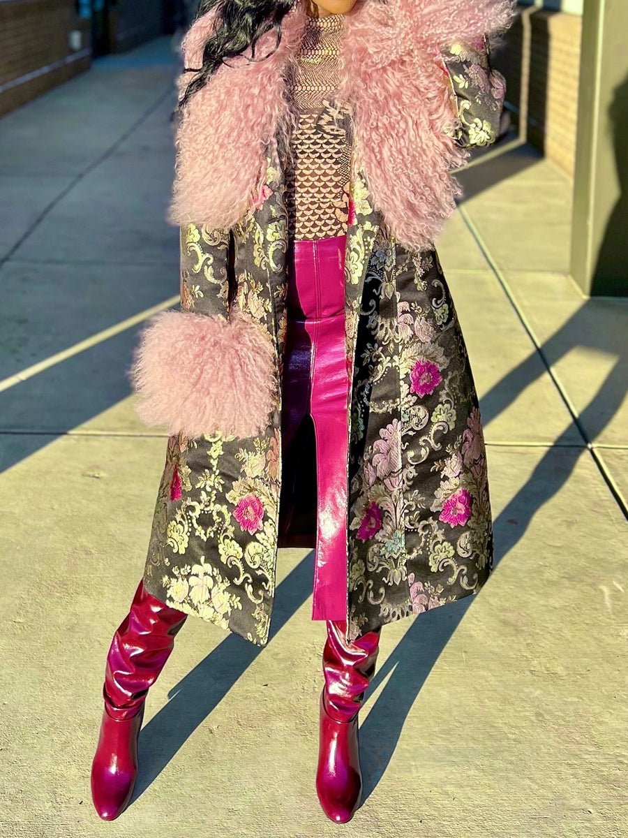 Detachable Faux Fur Patchwork Floral Print Coat laseze