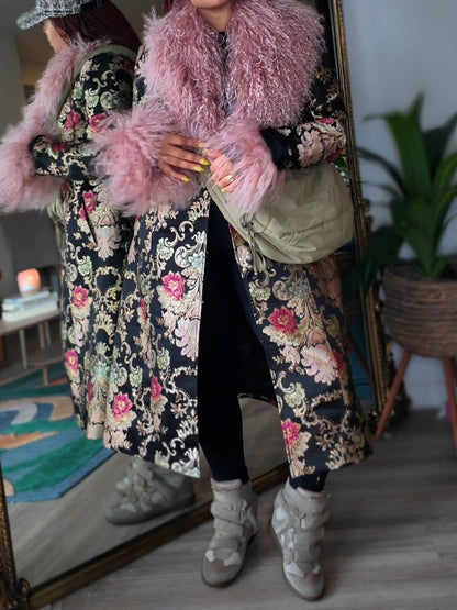Detachable Faux Fur Patchwork Floral Print Coat laseze