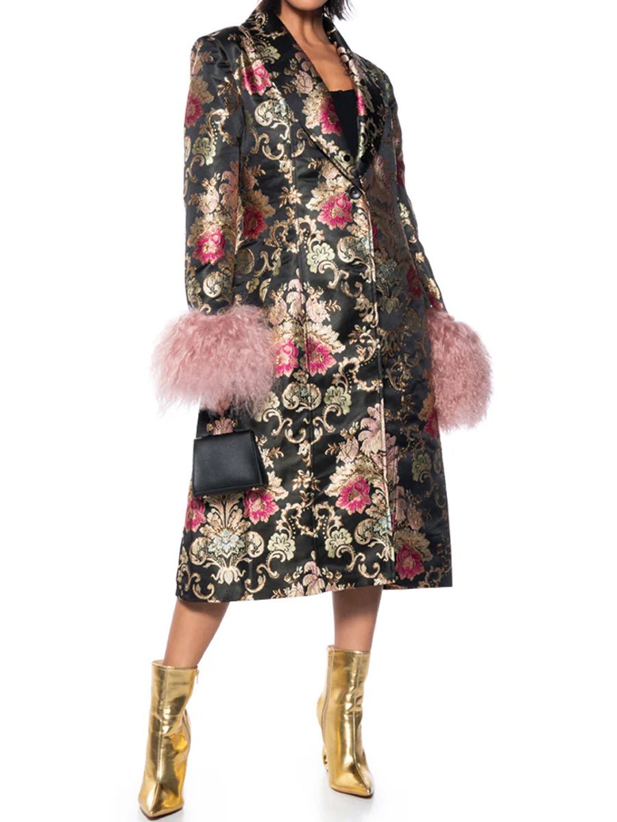 Detachable Faux Fur Patchwork Floral Print Coat laseze