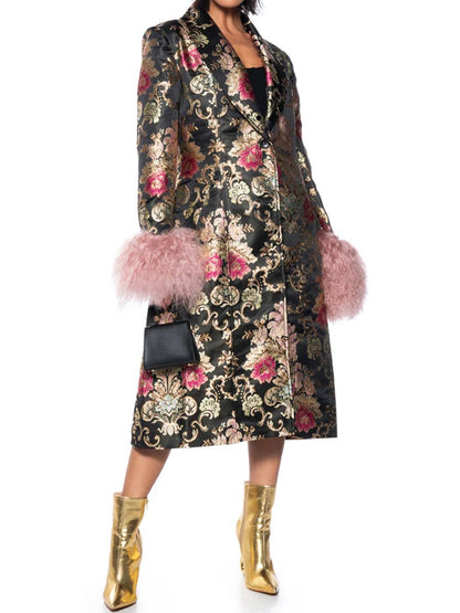 Detachable Faux Fur Patchwork Floral Print Coat laseze