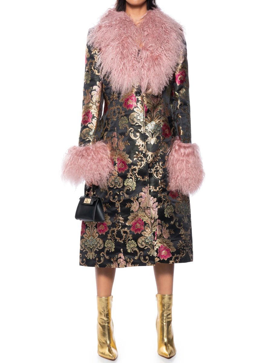 Detachable Faux Fur Patchwork Floral Print Coat laseze