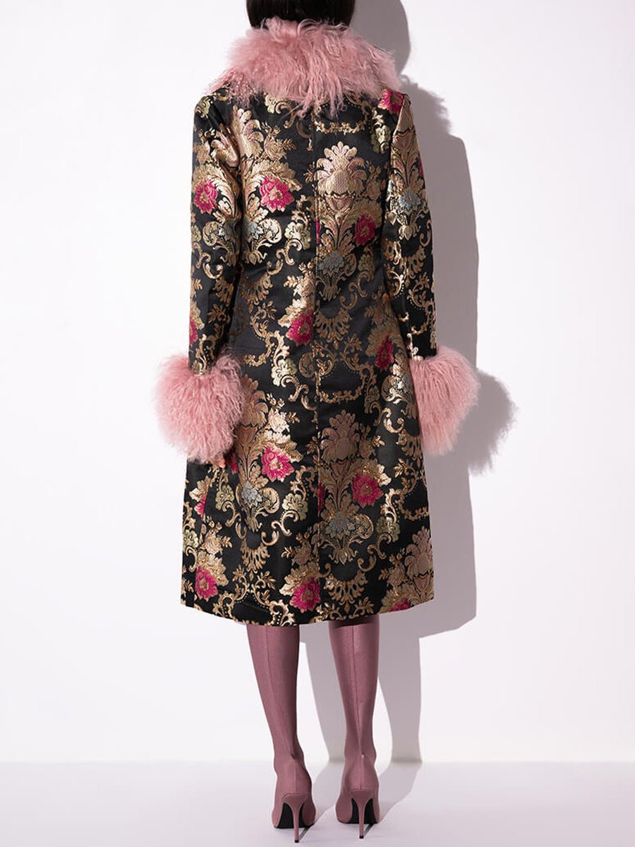 Detachable Faux Fur Patchwork Floral Print Coat laseze