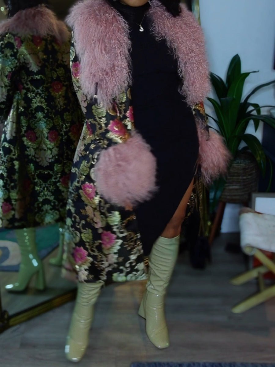 Detachable Faux Fur Patchwork Floral Print Coat laseze