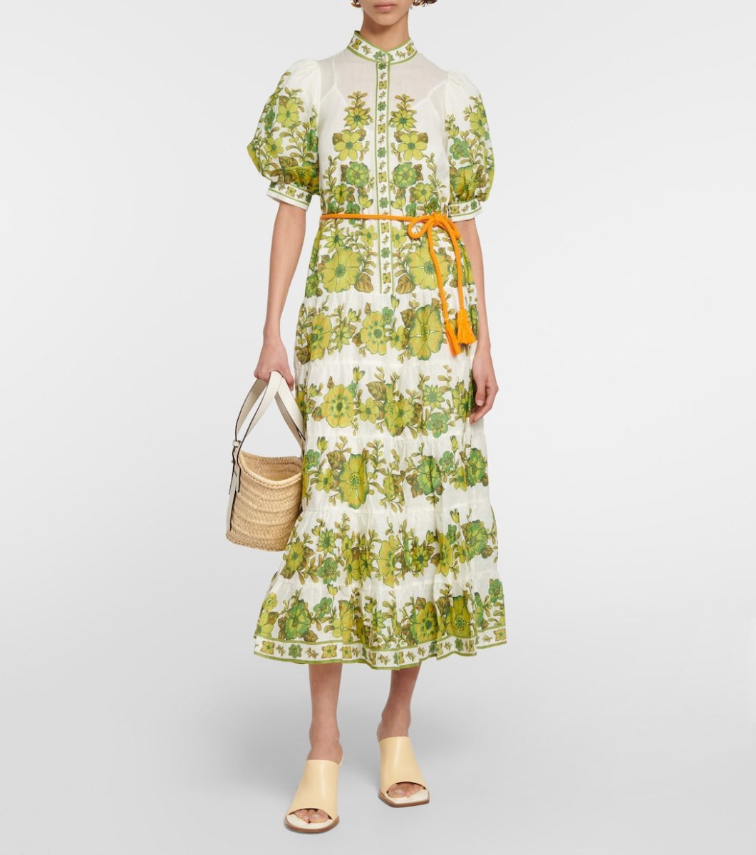 Digital Print Puff Sleeve Midi Dress - laseze