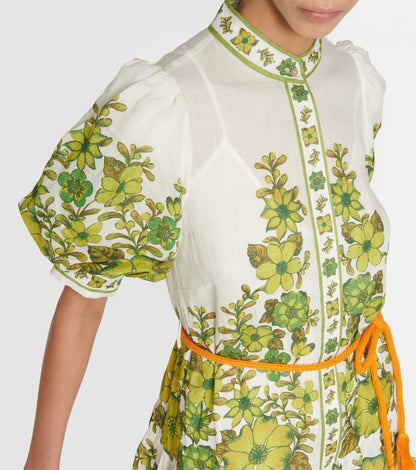 Digital Print Puff Sleeve Midi Dress - laseze