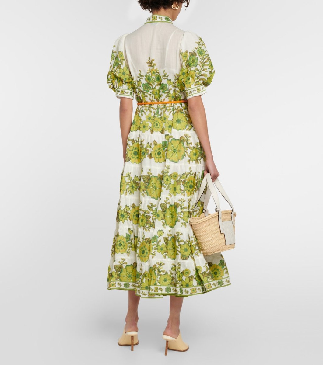 Digital Print Puff Sleeve Midi Dress - laseze