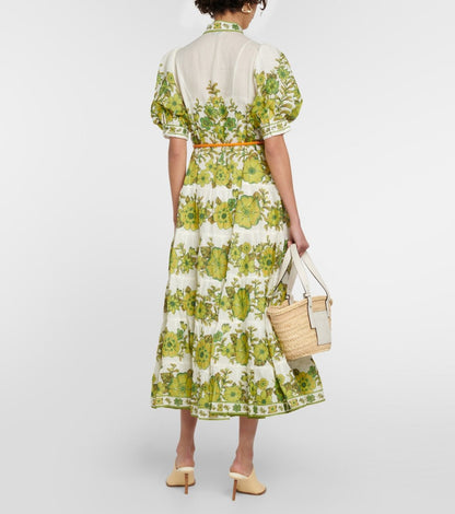 Digital Print Puff Sleeve Midi Dress - laseze