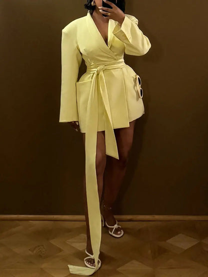 Double Rounded Collar Drop Shoulder Belted Blazer - laseze