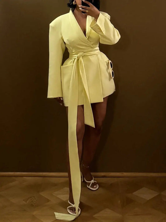 Double Rounded Collar Drop Shoulder Belted Blazer - laseze