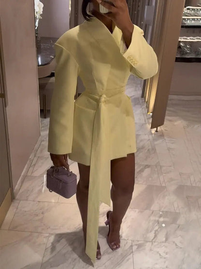 Double Rounded Collar Drop Shoulder Belted Blazer - laseze