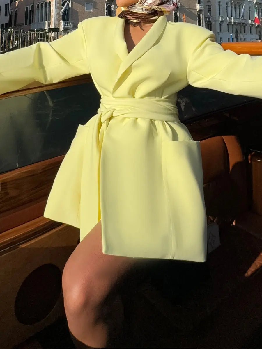 Double Rounded Collar Drop Shoulder Belted Blazer - laseze