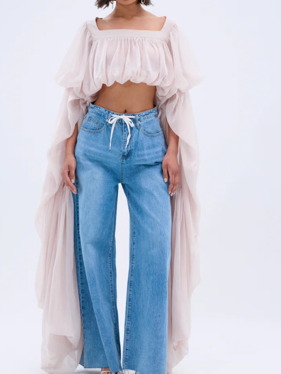 Organza Cape-Sleeve Square Neck Crop Top