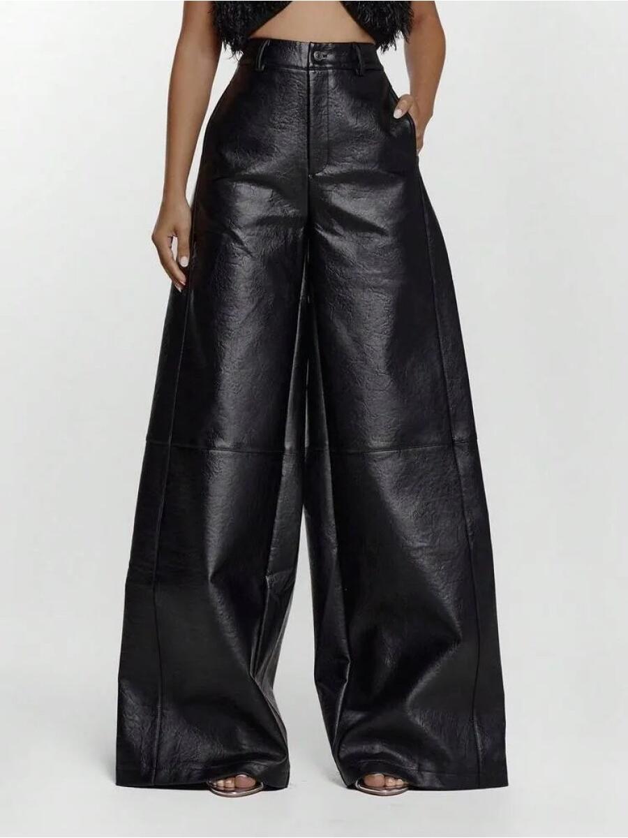 Imitation Leather Wide Leg Waist Pants, Sexy Out, Autumn, Night, Winter, Cute, Street Style, Thanksgiving Day