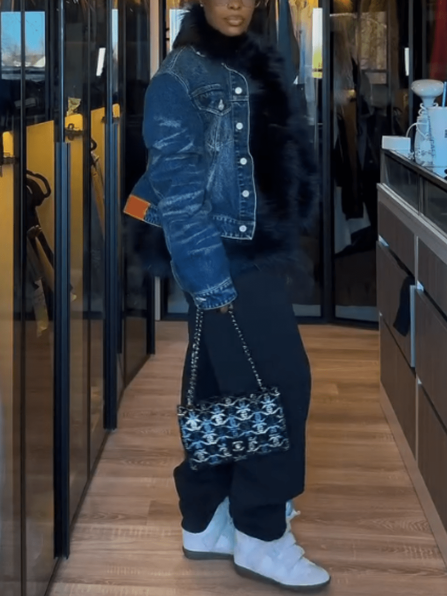 Edgy Faux Fur-Trimmed Distressed Denim Jacket laseze