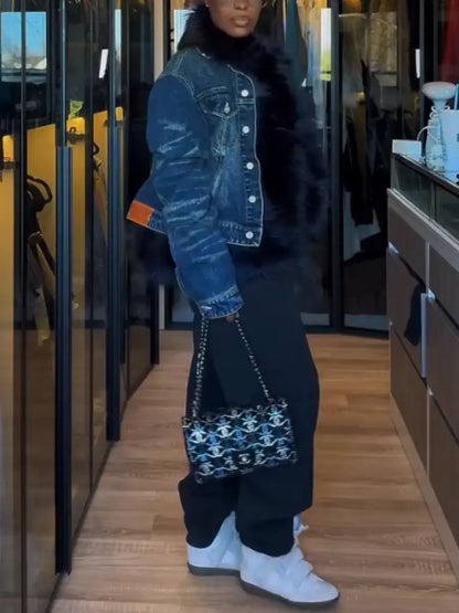 Edgy Faux Fur-Trimmed Distressed Denim Jacket laseze