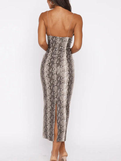 Edgy Faux Leather Snake Print Sleeveless Midi Dress - laseze