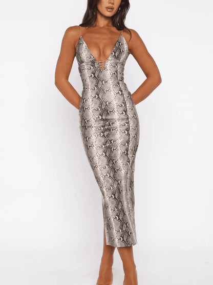 Edgy Faux Leather Snake Print Sleeveless Midi Dress - laseze