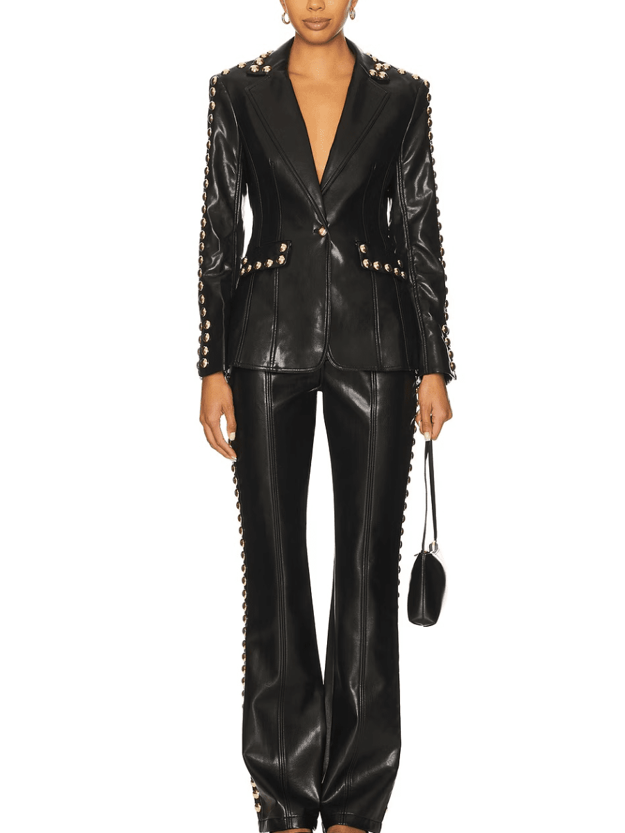 Edgy Studded Wide - Leg Faux Leather Trousers - laseze