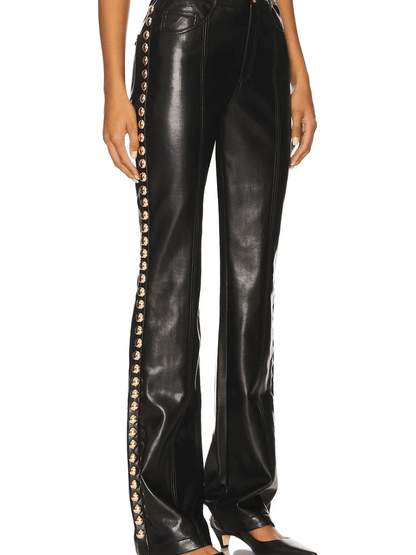 Edgy Studded Wide - Leg Faux Leather Trousers - laseze