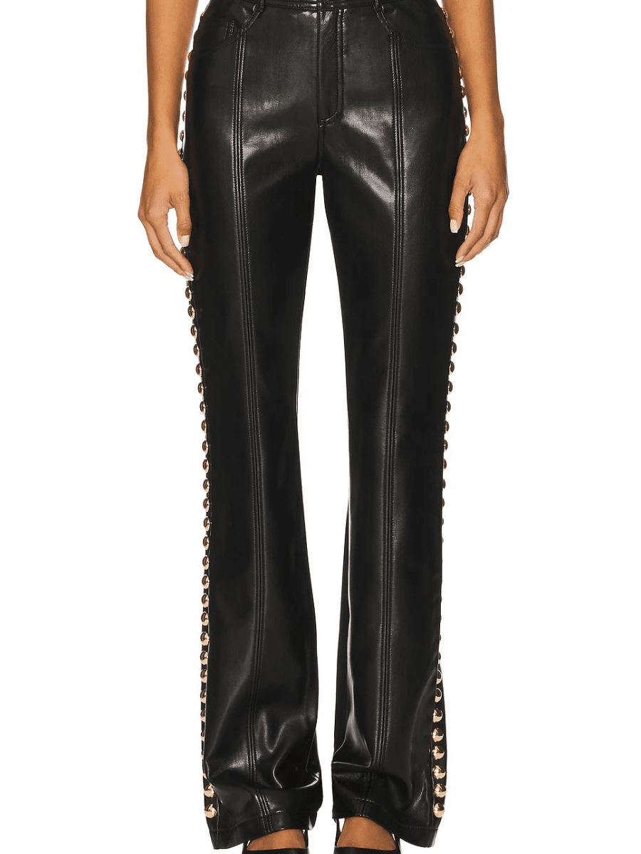 Edgy Studded Wide - Leg Faux Leather Trousers - laseze