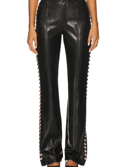 Edgy Studded Wide - Leg Faux Leather Trousers - laseze
