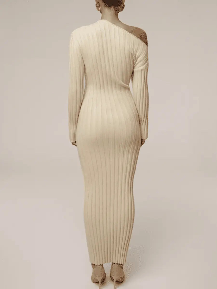 Elegant Asymmetric One - Shoulder Ribbed Knit Midi Dress - laseze