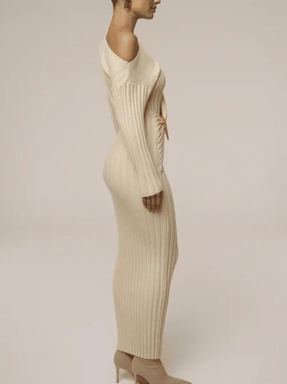 Elegant Asymmetric One - Shoulder Ribbed Knit Midi Dress - laseze