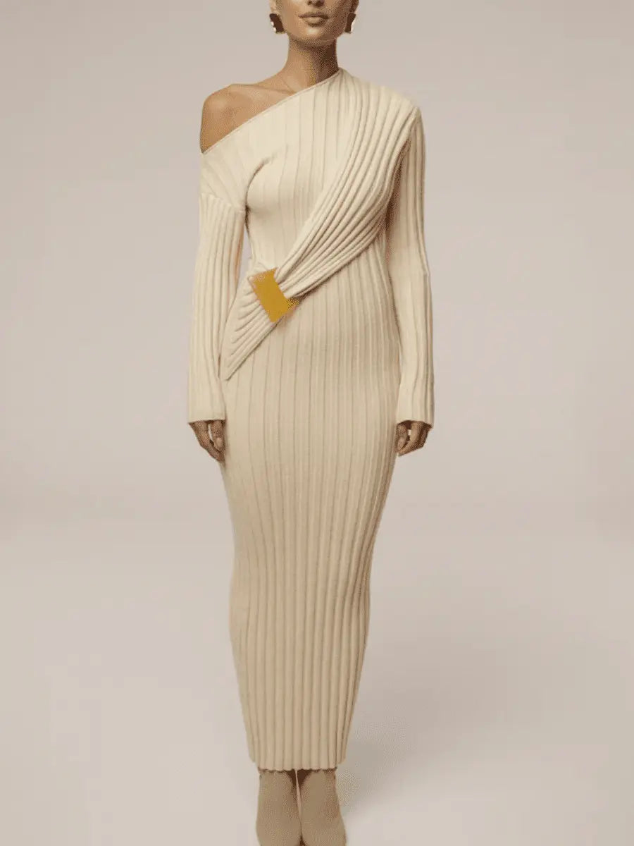 Elegant Asymmetric One - Shoulder Ribbed Knit Midi Dress - laseze