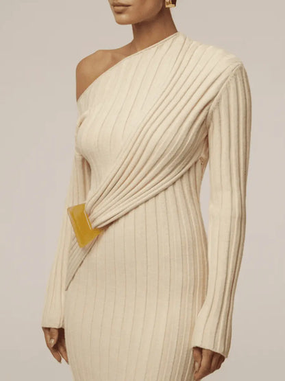 Elegant Asymmetric One - Shoulder Ribbed Knit Midi Dress - laseze