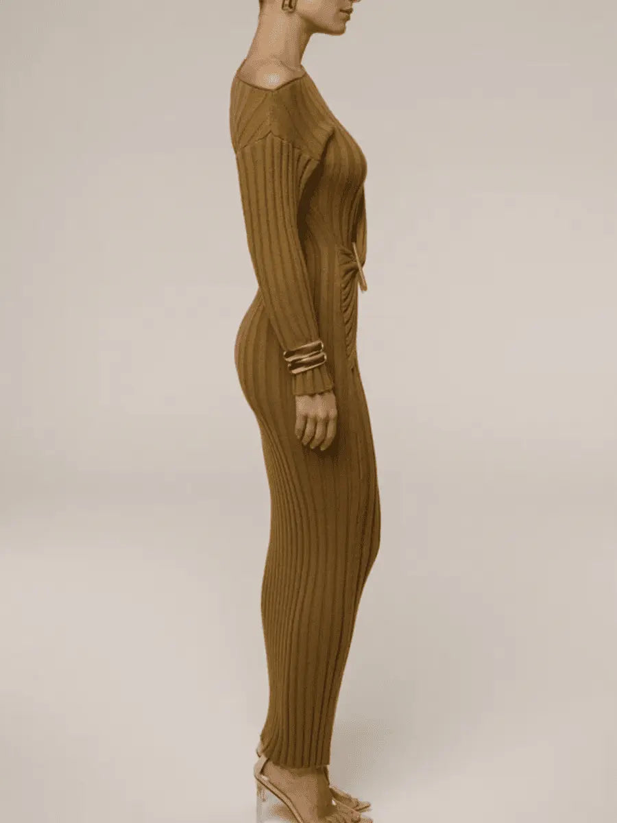 Elegant Asymmetric One - Shoulder Ribbed Knit Midi Dress - laseze