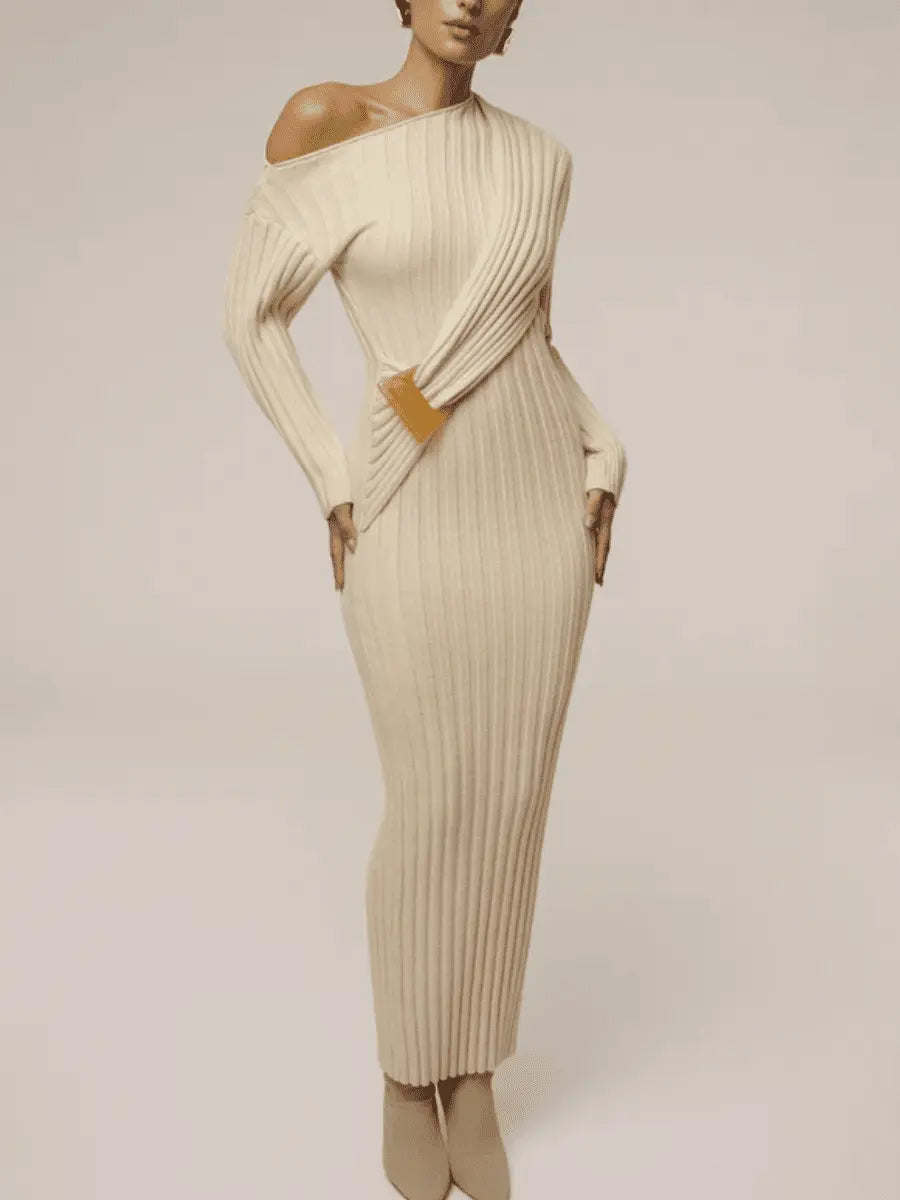 Elegant Asymmetric One - Shoulder Ribbed Knit Midi Dress - laseze