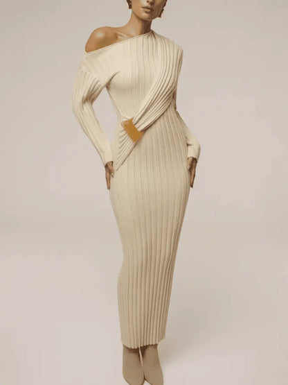Elegant Asymmetric One - Shoulder Ribbed Knit Midi Dress - laseze