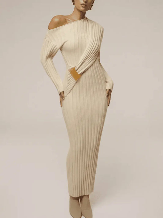 Elegant Asymmetric One - Shoulder Ribbed Knit Midi Dress - laseze