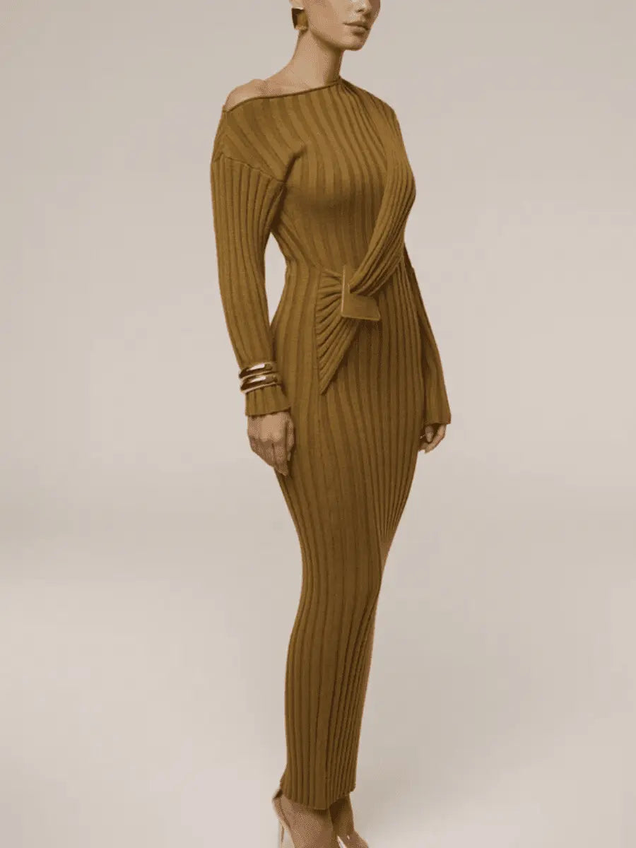 Elegant Asymmetric One - Shoulder Ribbed Knit Midi Dress - laseze