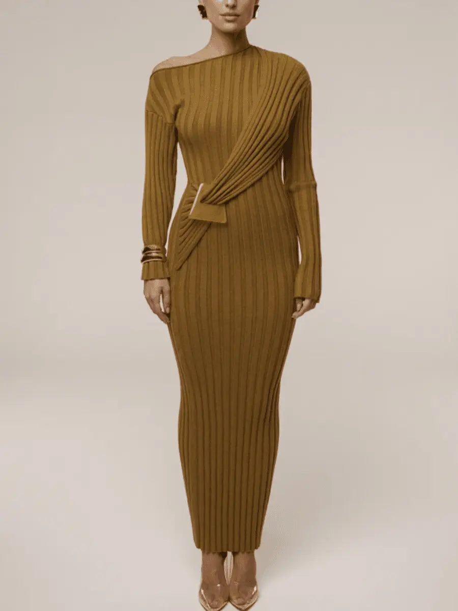 Elegant Asymmetric One - Shoulder Ribbed Knit Midi Dress - laseze