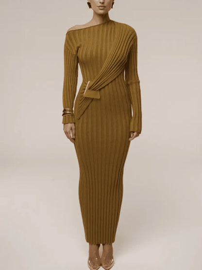 Elegant Asymmetric One - Shoulder Ribbed Knit Midi Dress - laseze