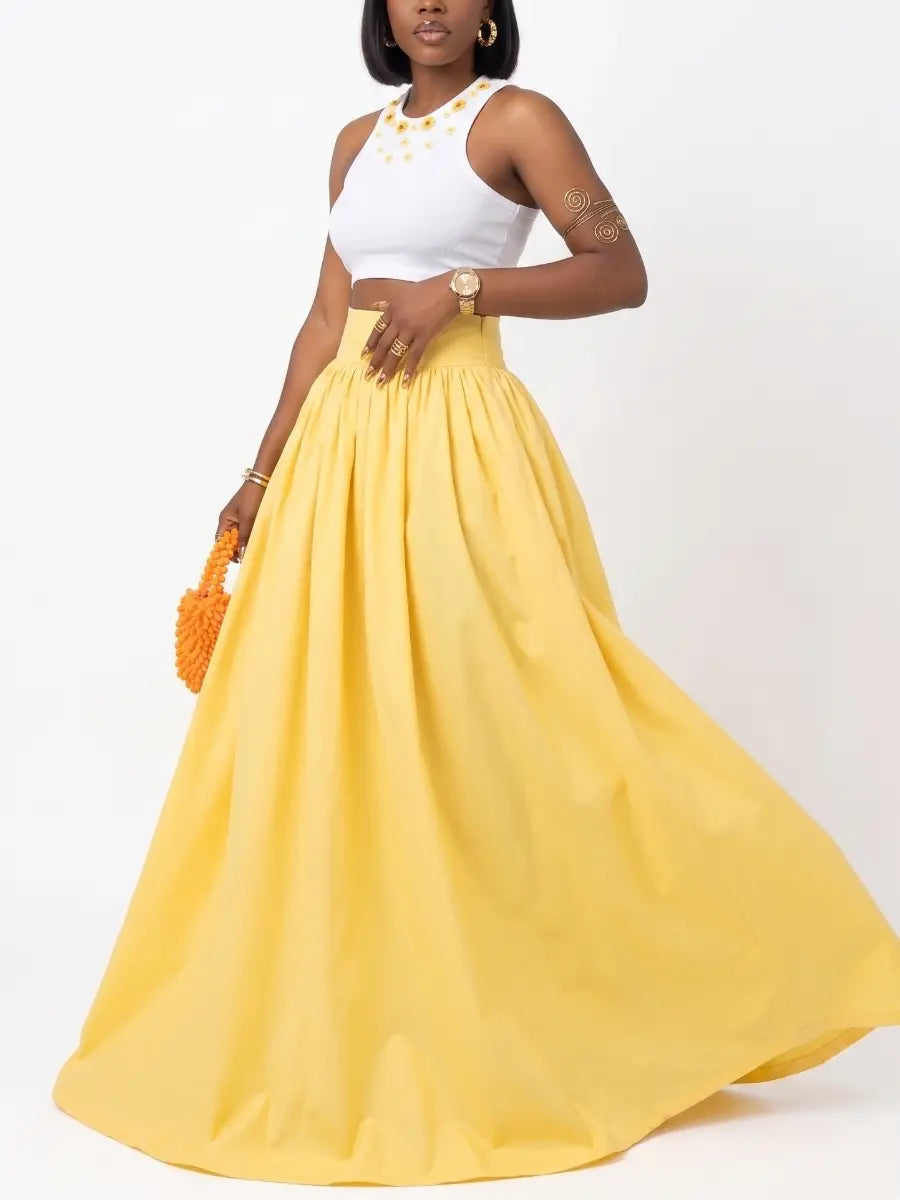 Elegant High - waisted Pleated Bright Yellow Maxi Dress - laseze