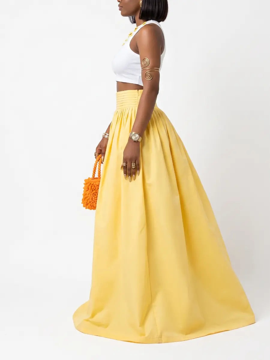 Elegant High - waisted Pleated Bright Yellow Maxi Dress - laseze