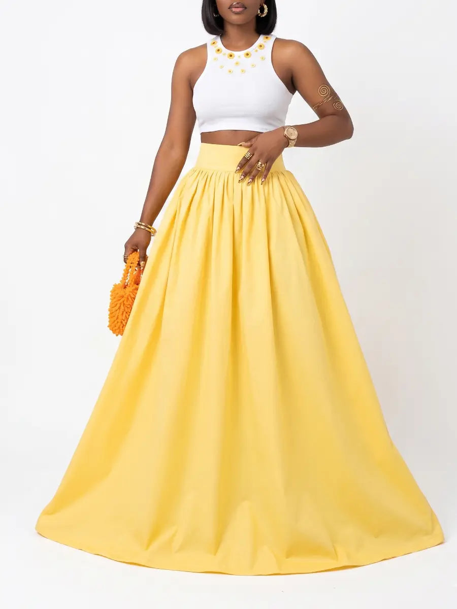 Elegant High - waisted Pleated Bright Yellow Maxi Dress - laseze