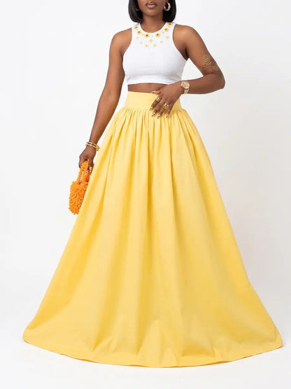 Elegant High - waisted Pleated Bright Yellow Maxi Dress - laseze