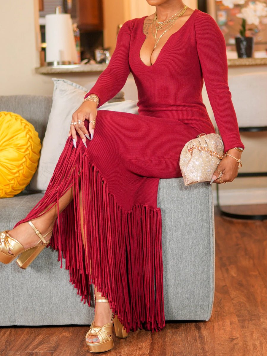 Elegant V Neck Long Sleeve Fringed Maxi Dress laseze