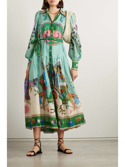 Evergreen Belted Printed Maxi Shirt Dress - laseze