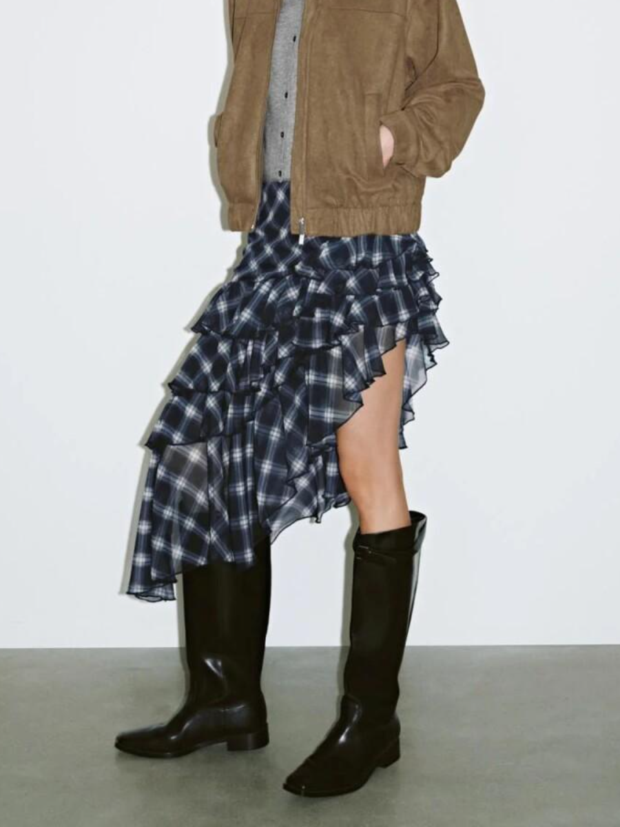 Irregular Hem Layered Plaid Skirt