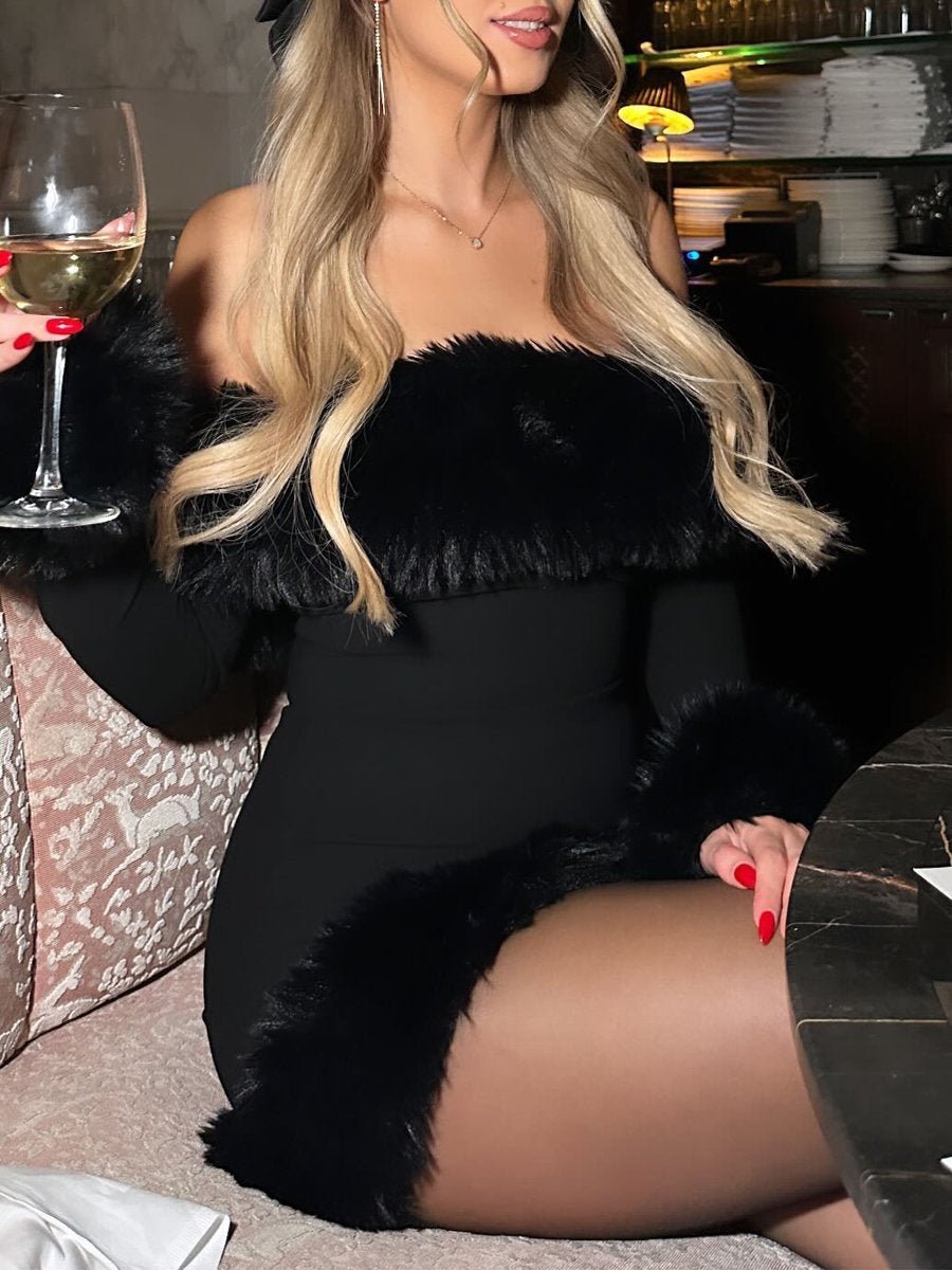 Fashion Fur Collar Long Sleeve Dress - laseze