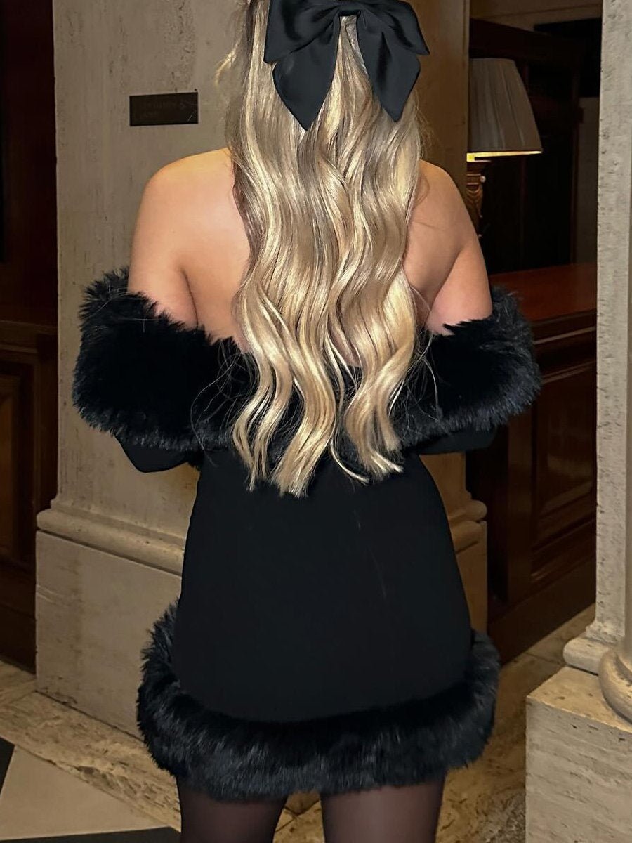 Fashion Fur Collar Long Sleeve Dress - laseze